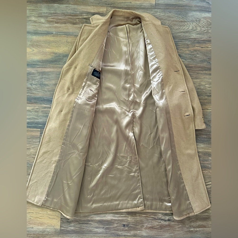 Vintage 60s/70s Cashmere Wool Blend Long Tan Overcoat L/XL - Picture 5 of 9